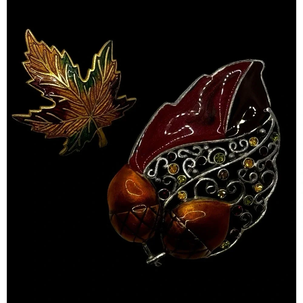 Vintage Double Acorn Leaf Brooch Pin Enamel Autumn Fall Thanksgiving Silver Gold